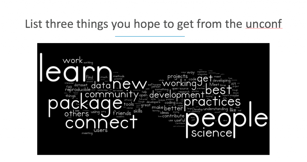 Word cloud of things participants wanted to get from the unconference