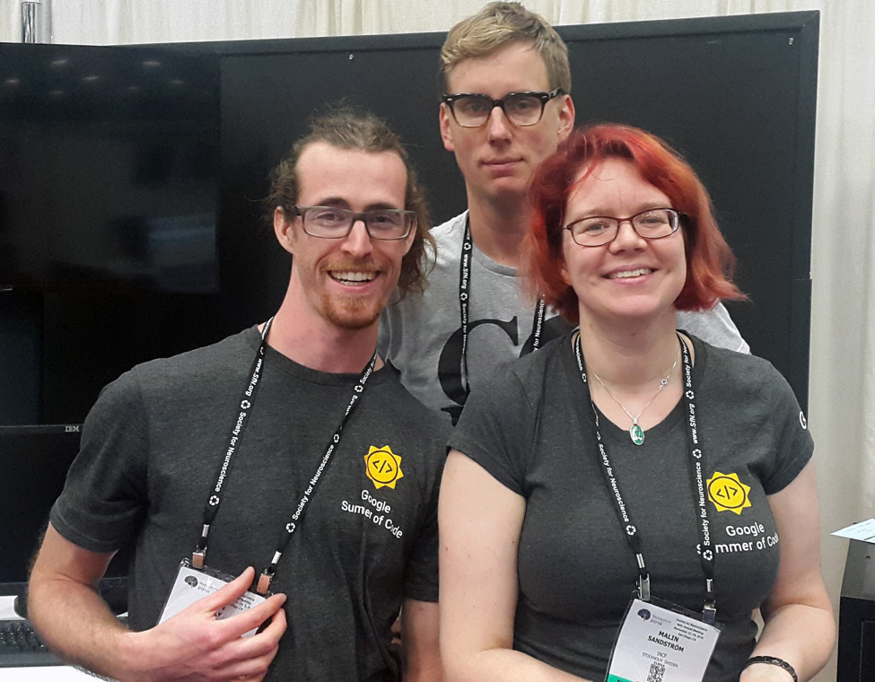 The author (Malin Sandström, right) with a colleague (Chris Fitzpatrick, middle) and a 2016 student (Devin Bayly, left) in the Google Summer of Code program.