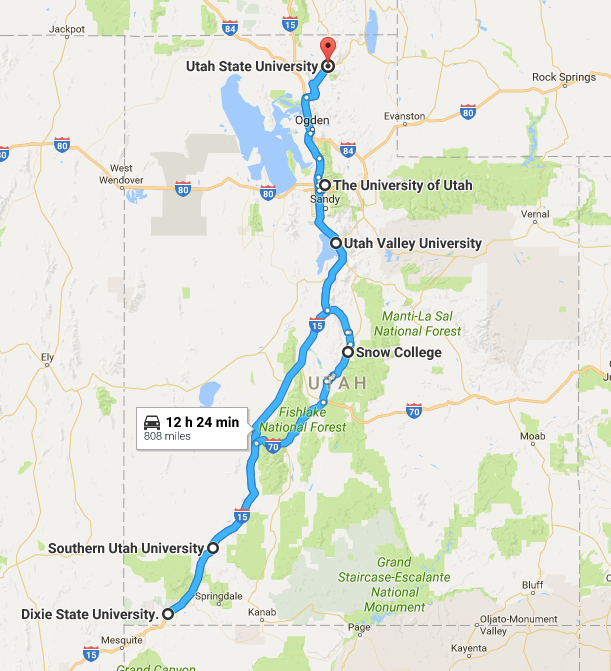 The route for our iUTAH roadtrip.