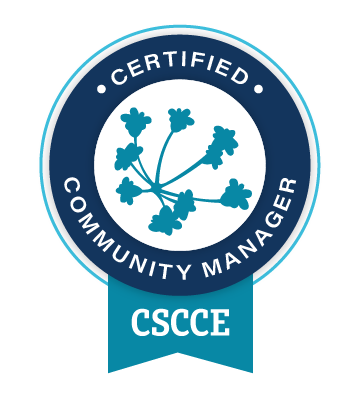 The CSCCE Certified Community Manager digital rosette. It is made up of a dark blue circle with an umbel flower motif in the center, and a lighter blue ribbon descending from the bottom of the circle. The words “CERTIFIED COMMUNITY MANAGER” are spelled out in white on the dark blue circle, and “CSCCE” appears on the lighter blue ribbon.