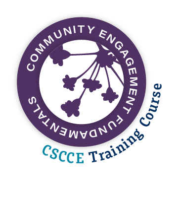 The digital badge image for Scientific Community Engagement Fundamentals (CEF) is a purple circle with a white center. COMMUNITY ENGAGEMENT FUNDAMENTALS is spelled out in white, over the top of the purple circle, and a purple umbel design is overlaid in the white center. At the bottom right, on the outside of the circle, it says “CSCCE Training Course” in two shades of teal.