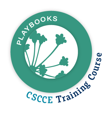 The digital badge image for Creating Community Playbooks (PBK) is a mint green circle with a white center. “PLAYBOOKS” spelled out in white, over the top of the mint green circle, and a mint green umbel design is overlaid in the white center. At the bottom right, on the outside of the circle, it says “CSCCE Training Course” in two shades of teal.
