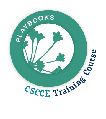 The digital badge image for Creating Community Playbooks (PBK) is a mint green circle with a white center. “PLAYBOOKS” spelled out in white, over the top of the mint green circle, and a mint green umbel design is overlaid in the white center. At the bottom right, on the outside of the circle, it says “CSCCE Training Course” in two shades of teal. 