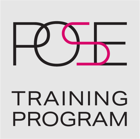 The logo for the POSE Training Program. The "S" in POSE is pink while all the other lettering is black. The logo spells out "POSE TRAINING PROGRAM" in a square, on a grey background. 