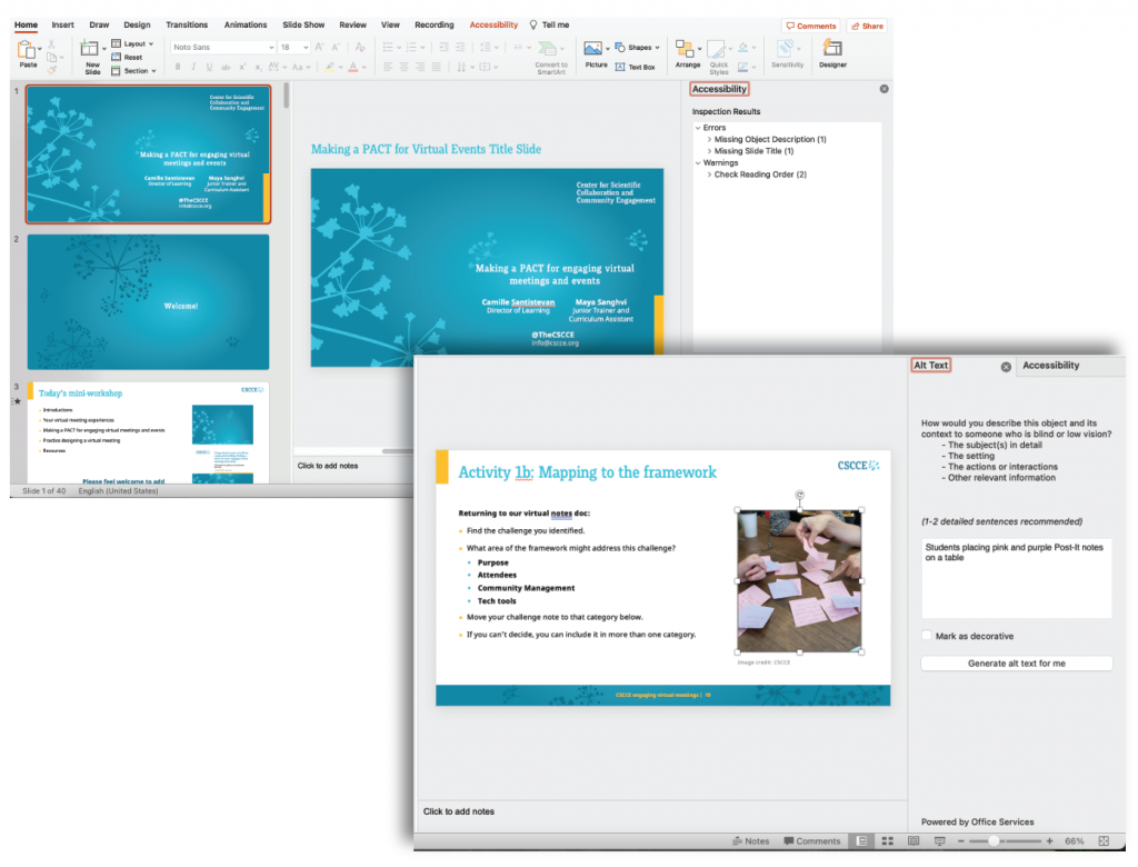 Two screenshots that show how to navigate through Powerpoint's accessibility tools. Each screen shot includes template slide designs and instructions for adding alt text and changing reading order. 