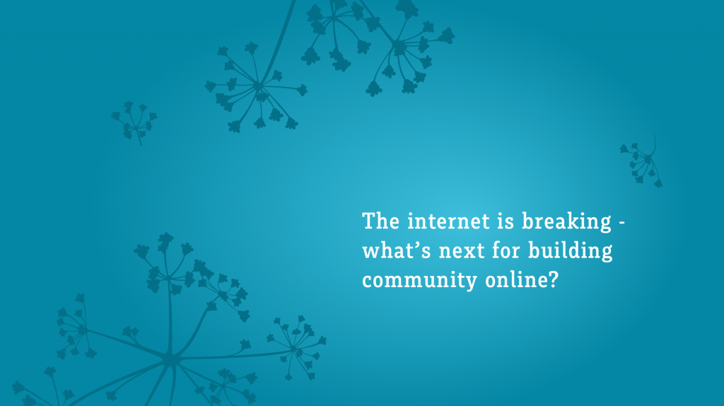 A blue graphic with umbel flowers in the background. White text reads "The internet is breaking- what's next for building community online?"