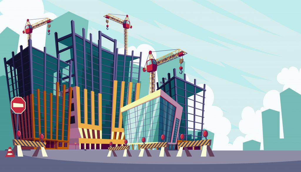 Vector cartoon illustration of the process of the construction of buildings with construction crane and scaffolding.