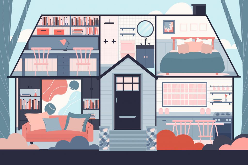 A vector illustration of a cross-section of a two-story house that shows five rooms with different purposes. 