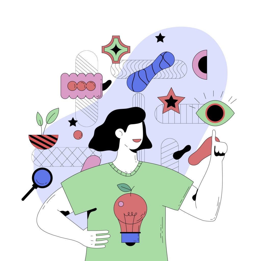 An illustration intended to convey a person having ideas. The person is surrounded by small icons of a plant, a magnifying glass, an eye, a star, and an apple. 