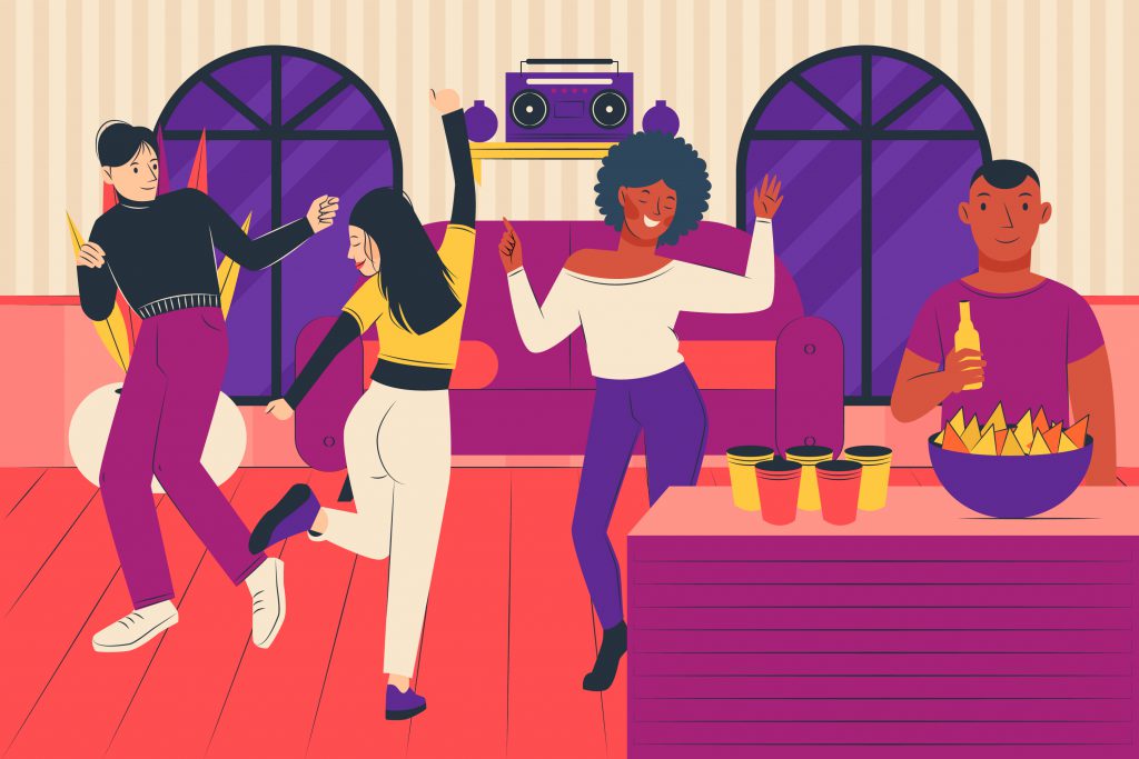 An illustration of a house party, featuring four guests dancing, drinking, and eating.