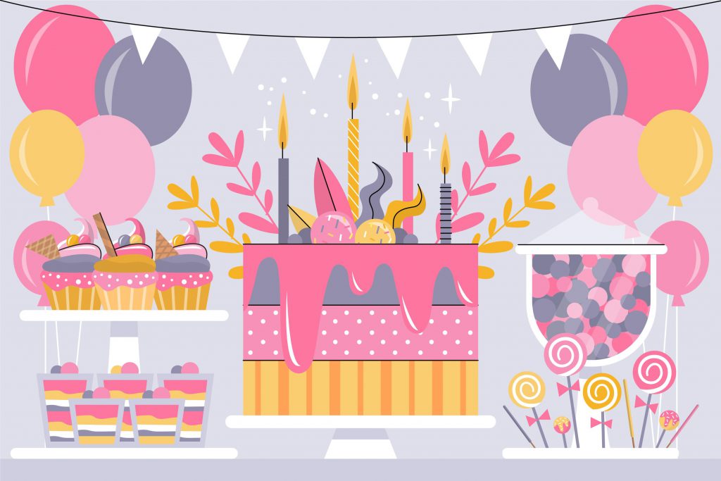 A vector illustration of party desserts including a large cake, cupcakes, and lollipops. 