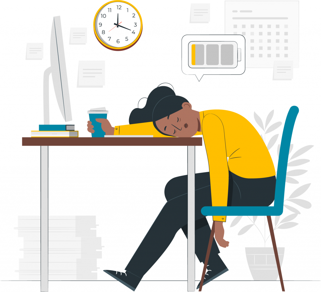 An illustration showing a person with their head on their desk, apparently asleep, clutching a coffee cup. 