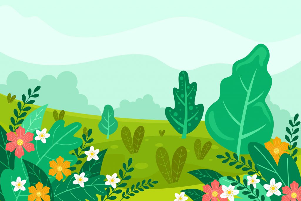 An illustration of a spring meadow, where plants with various leaf shapes, colors, and flowers flourish side by side. 