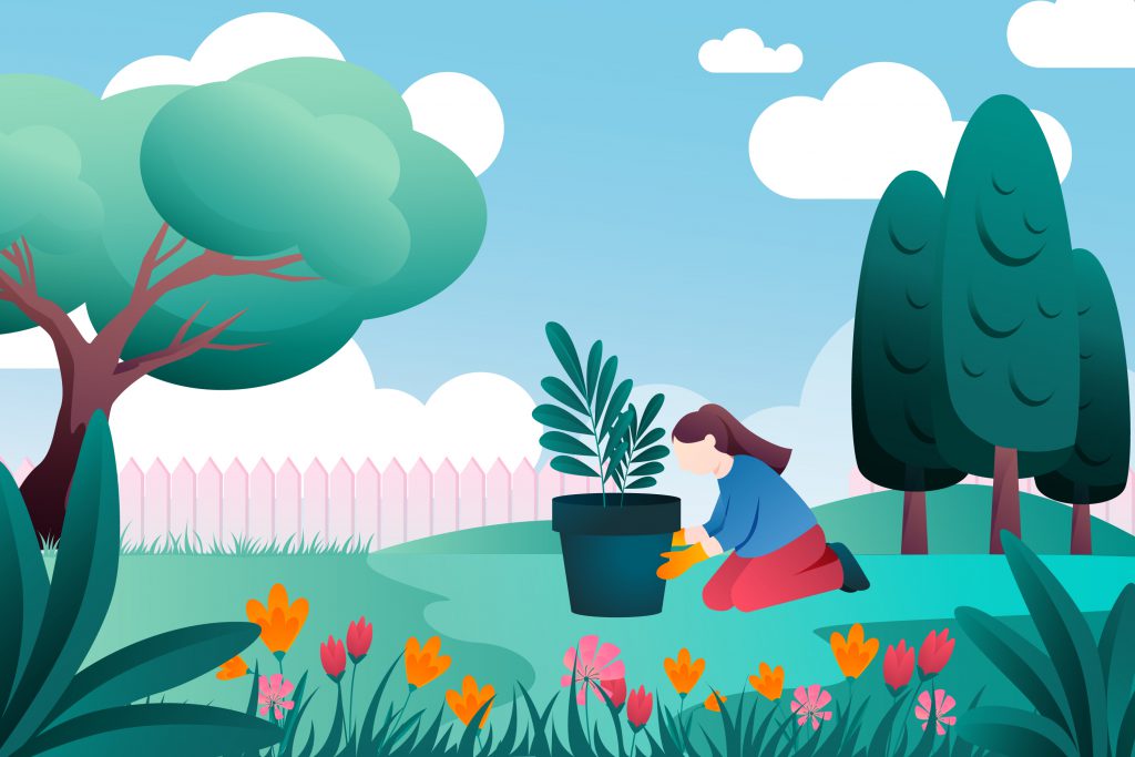 An illustration of a person with long, brown hair preparing to remove a plant from a pot and plant it in their garden. There are trees, a fence, and some flowers already in the garden, and white clouds dot a blue sky. 