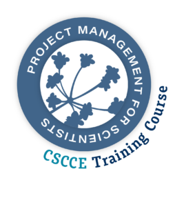 The digital badge image for Project Management for Scientists (PMB) is a blue circle with a white center. PROJECT MANAGEMENT FOR SCIENTISTS is spelled out in white, over the top of the blue circle, and a blue umbel design is overlaid in the white center. At the bottom right, on the outside of the circle, it says “CSCCE Training Course” in two shades of teal.