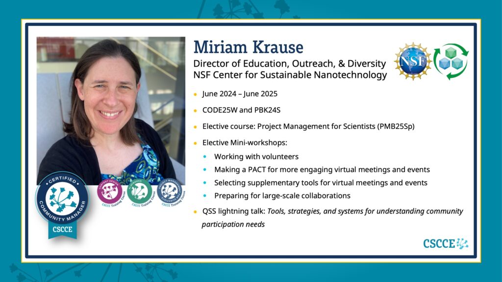 A graphic summarizing Miriam's journey through the CSCCE Community Manager Certification Program that includes her headshot and information about the courses and Mini-workshops she took.