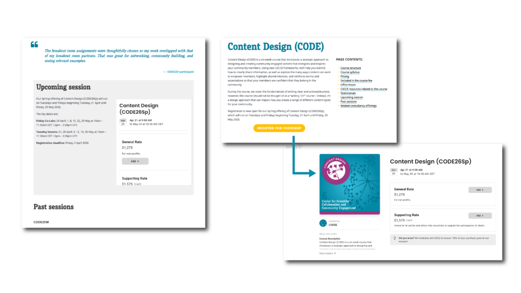 Screenshots of the CSCCE website demonstrating how to purchase a ticket via Zeffy.