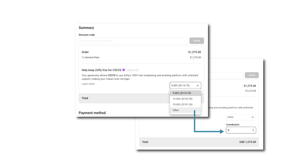 A screenshot of the Zeffy interface demonstrating how to adjust your fee preference.