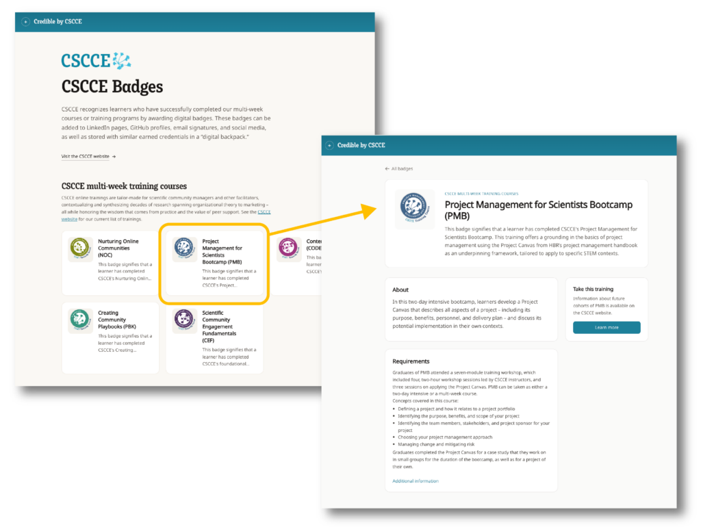 Screenshots showing the CSCCE Credible catalog and public-facing badge information.