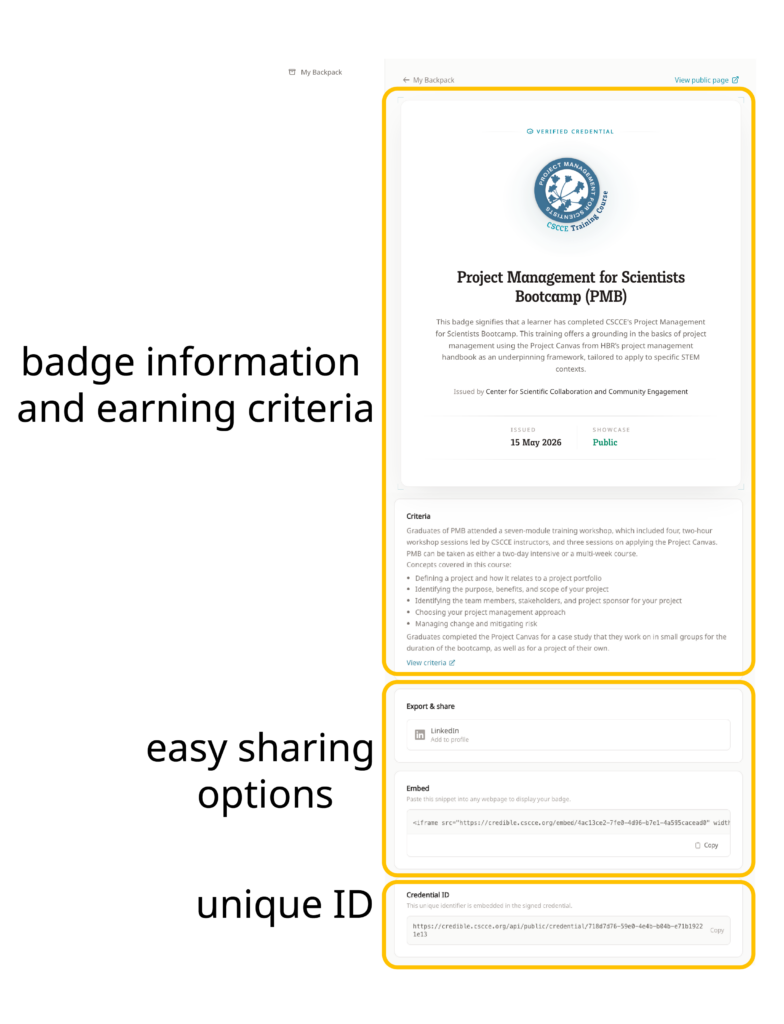Screenshot showing a view of an individual learner's badge, which can currently be easily shared to LinkedIn, Github, and personal websites (more coming soon!).