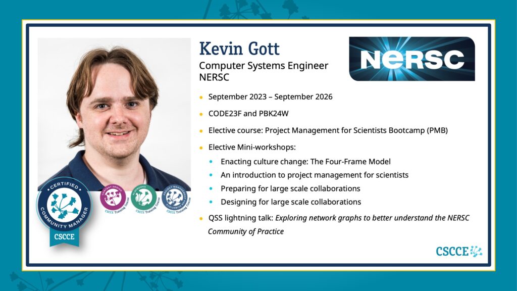 A graphic summary of Kevin Gott's path through the CSCCE Community Manager Certification Program that includes his head shot and the digital badges he earned along the way.