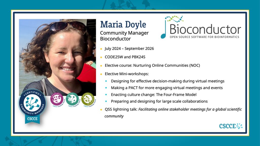 A graphic summary of Maria Doyle's path through the CSCCE Community Manager Certification Program that includes his head shot and the digital badges he earned along the way.